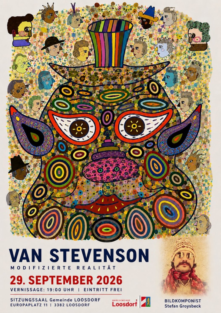 Van Stevenson, Modifizierte Realität, Plakat mit bunter Fantasiefigur und Köpfen in Loosdorf.