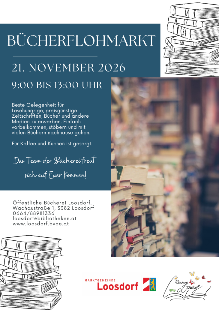 Bücherflohmarkt Loosdorf am 21. November 2026 mit vielen Büchern und Kaffee