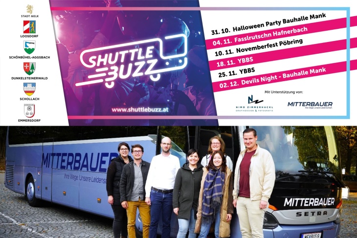 Foto (Stadt Melk/Daniel Butter): v.l. GR Michaela Aitzetmüller (Schollach), GR Thomas Sulzer (Loosdorf), Franz Mitterbauer jun., GR Sarah Winkler (Schönbühel Aggsbach), STR Sandra Hörmann (Melk), GfGR Julia Ertl (Emmersdorf) und GR Benjamin Steyrer (Projektleiter Melk).