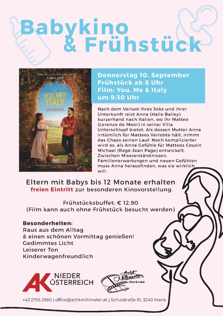 Babykino & Frühstück in Mank: Film "You, Me & Italy" mit Frühstücksbuffet.