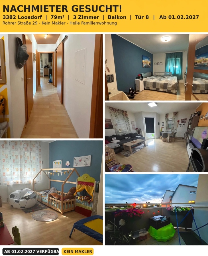 Nachmietersuche Loosdorf: Flur, Schlafzimmer, Wohnzimmer, Kinderzimmer und Balkon